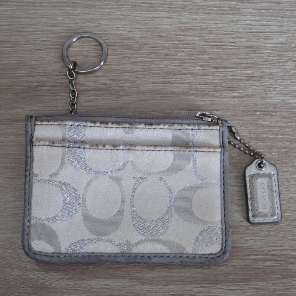 Authentic COACH Metallic Signature ID Credit Card Wallet w/Key Ring, Gray